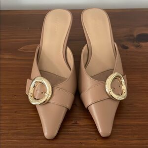 Ann Taylor Tan Buckle Nip Toe Kitten Heel Mules